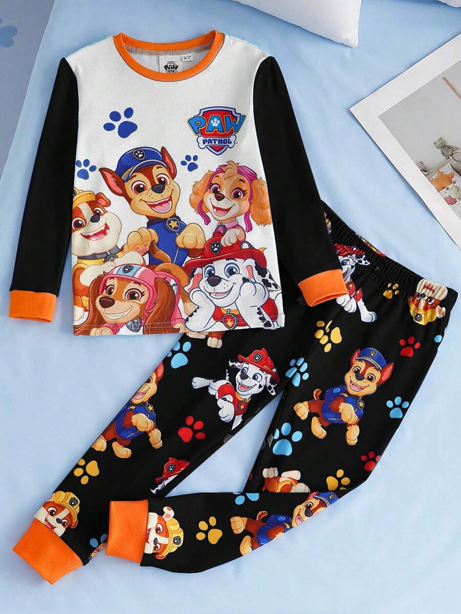 SHEIN | PAW Patrol 2件套小男孩休闲卡通小狗印花圆领长袖上衣和紧身裤舒适睡衣套装 - 黑與白 - 查看 1