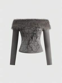 ROMWE Avant 性感骷髅与圣母玛利亚线性十字印花露肩女式T恤 - 深灰色 - 查看 1