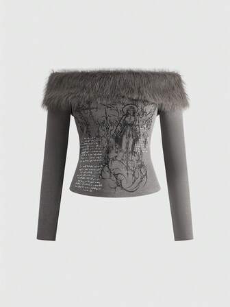 ROMWE Avant Camiseta de mujer con estampado lineal de esqueleto sexy y Virgen María con cruz