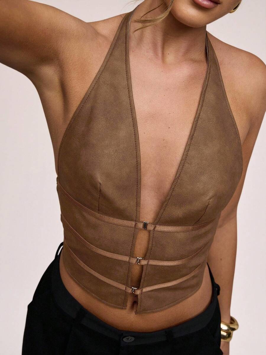 SHEIN BAE 女士时尚性感露背吊带上衣 - 棕色 - 查看 1