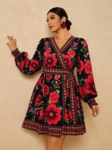 Travachic Váy dài tay buộc vạt họa tiết hoa phong cách Bohemian cỡ lớn cho nữ, mùa thu/đông - màu đen - Xem 4