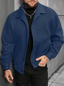 Manfinity Homme Men's Solid Color Long Sleeve Single-Breasted Casual Loose Jacket, Autumn/Winter - Navy Blue - View 4