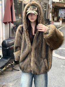 DAZY Damjacka med lång ärm och lös luva, casual, fluffig jacka för höst/vinter - Kaffebrun - Visa 6