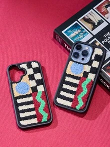 Joivida 苹果复古秋冬 Ins 风格毛绒刺绣几何图案手机壳适用于 14 Pro Max、 13、12 Pro、X、XS、XR、11、16 Pro Max、15 防水防震防摔防刮 - 黑與白 - 查看 1