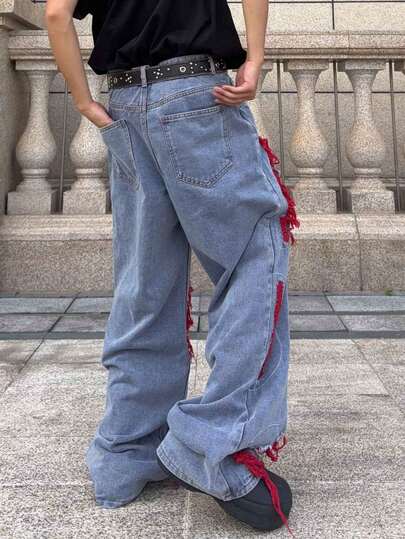 Street Life Jeans amples à jambe large avec poche brodée effilochée pour hommes