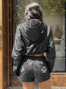 Zielony 波点休闲短款卫衣，时尚百搭黑色波点拉链卫衣，街头风女装，Y2K风格上衣，秋季女装，Y2K，姐妹，现在，时尚上衣，美学卫衣，送给姐妹的礼物，节日礼物，休闲简约时尚上衣 - 黑色 - 查看 3