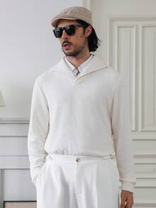 HUEFORM 男士 Old Money Polo 衫，针织弹力面料，适合男士冬季日常外出和通勤穿着，长袖上衣 - 米色 - 查看 4