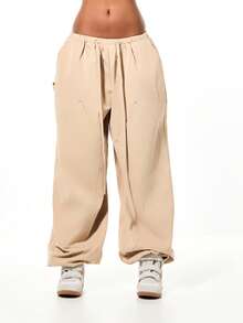 SUMWON WOMEN 女式低腰灯笼裤阔腿休闲裤，腰部抽绳，按扣设计 - 卡其色 - 查看 1