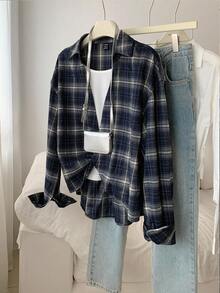 Elamini 1 Áo sơ mi kẻ caro cổ điển 2 trong 1 dành cho nữ, thích hợp mặc hàng ngày, đi làm, thường ngày và đi học, màu xanh navy, thu/đông - Màu xanh hải quân - Xem 6