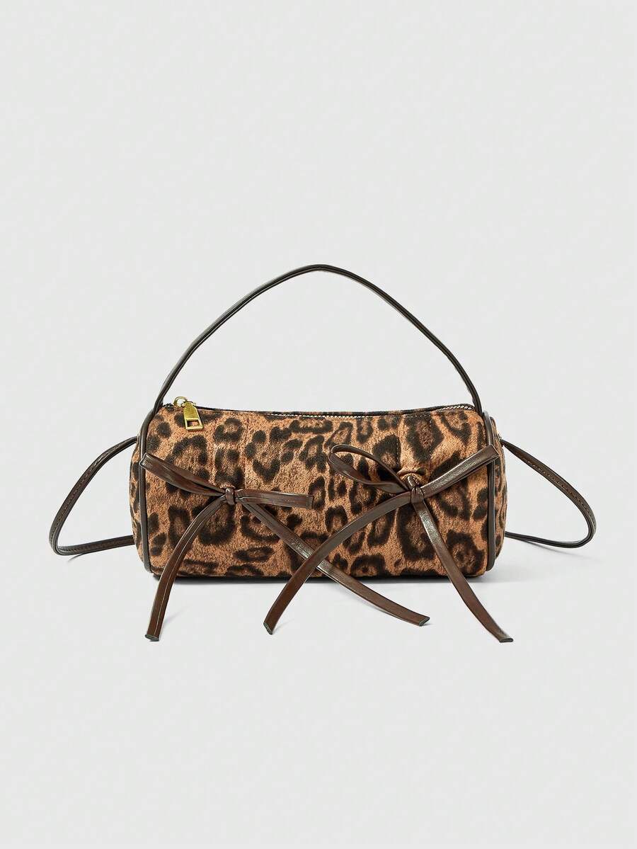 ROMWE Grunge Punk Fashionable And Unique Leopard Print Spliced Bow Matte Handheld Women's Bag - Brown - View 1