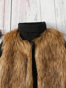 SHEIN Young Girl Furry Open Front Fuzzy Coat Sleeveless Vest - Rust Brown - View 4