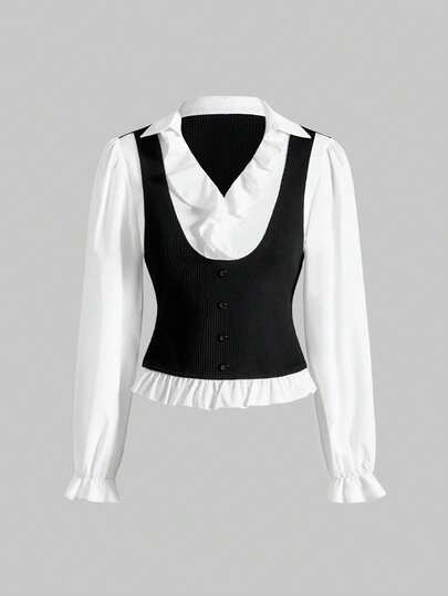 Grunge Punk Camisa de mujer 2 en 1 con dobladillo con volantes