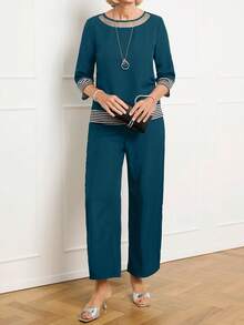 Miaspire 2pcs/Set Women Casual Striped Patchwork Top & Pants Outfit