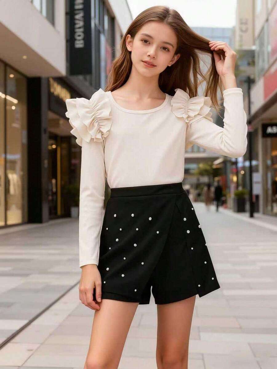 Tween Girl Ruffle Shoulder Long Sleeve Top + Skort 2 Pieces Set - Apricot - View 1