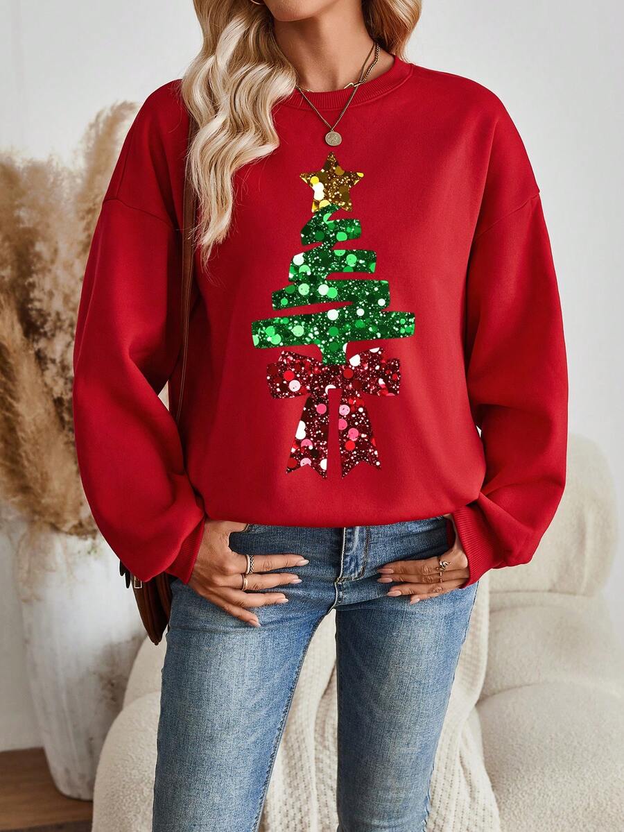 SHEIN EZwear 女士休闲红色圆领运动衫,适合秋冬季,适合圣诞节,圣诞树印花 - 紅色 - 查看 1