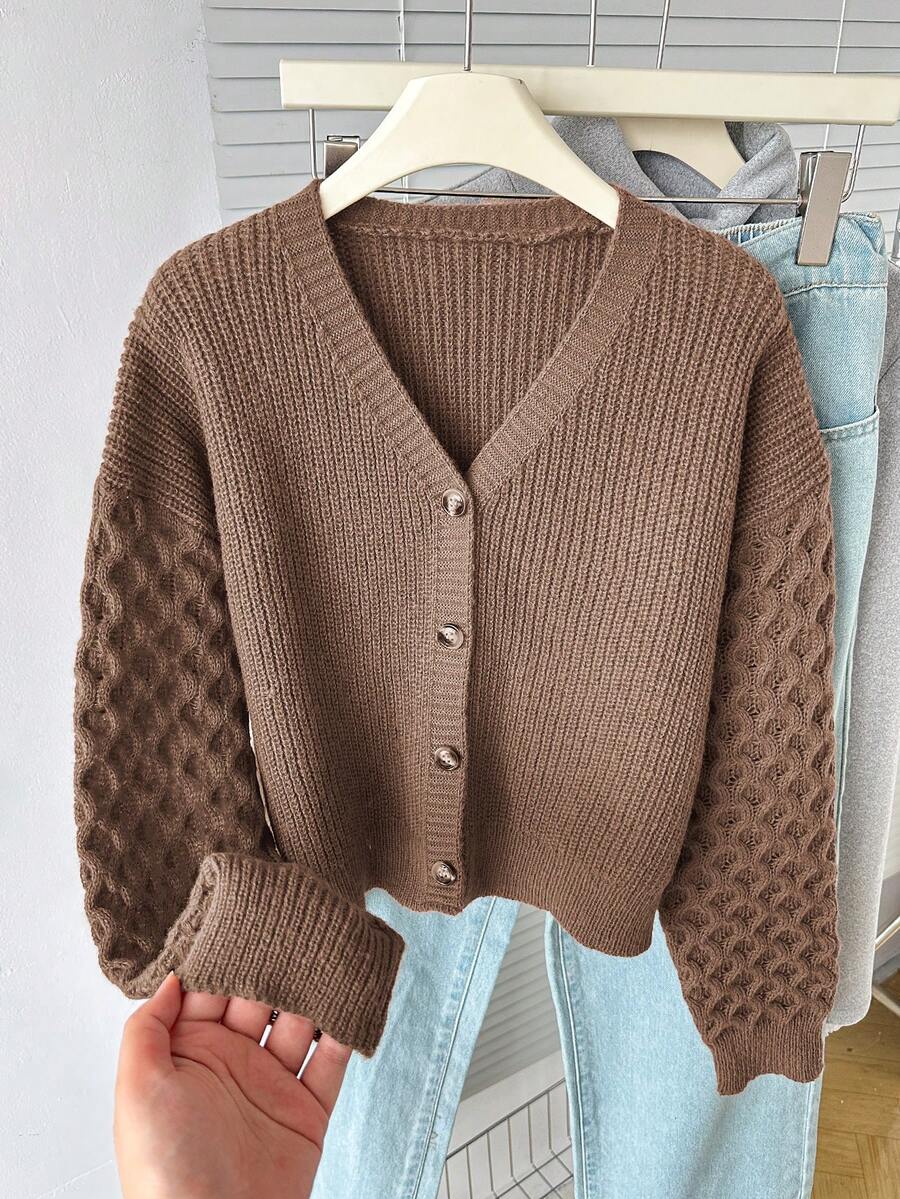 SHEIN New Fashionable Versatile V-Neck Cardigan Teen Girls Brown Sweater Knit Cute Girl Jacket Children Teen Girl Sweaters Button Clothes Autumn Winter Cropped - Brown - View 1