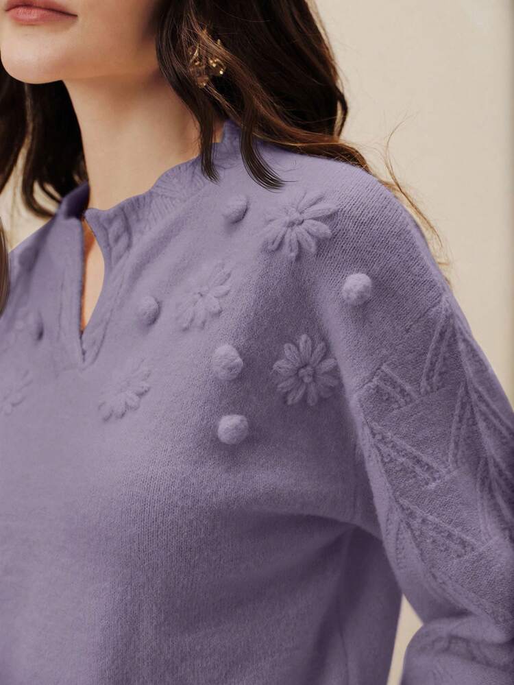 Pull brodé floral violet pour femmes avec col ciseaux, tricot ample à la mode pour le printemps, élégant