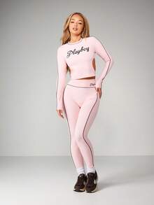 Missguided x Playboy Cut Out Active Set With Long Sleeves And High Rise Matching Bottoms - Pink - View 1