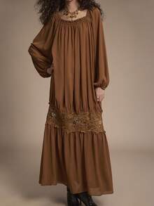 Florisole Women's Autumn/Winter Bohemian Romantic Casual A-Line Loose Lace Trim Maxi Dress, Orange-Brown Romantic