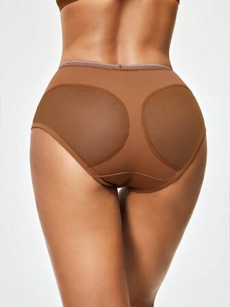 Shapelle Forme Chokladbrun Mesh Patchwork Hög Stretch Minimalistisk Bekväm Transparent Daglig Träningskläder Casual Damtrosor