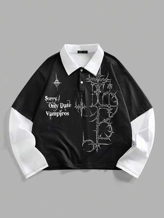 Men's Casual Contrast Color Gothic Cross Patchwork Slogan Print T-Shirt, Autumn