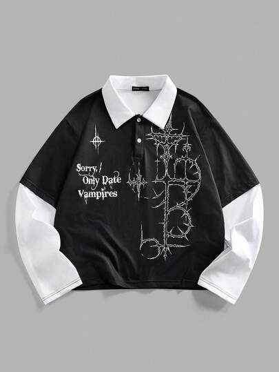 Camiseta casual de hombre con estampado de parches de color contrastante y eslogan, otoño