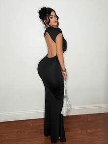 SHEIN SXY Plus Size Sexy Black Maxi Dress, Cap Sleeve Cowl Neck Open Back Draped Knitted Bodycon For Women - Black - View 5