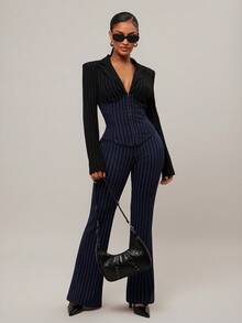 Radiana Women's Elegant Sexy Blue And Black Striped Contrast Color Suit Set, Fitted Blazer + Low-Waist V-Neck Flared Pants 2-Piece, Fashionable Casual Business Wear, Commuting Outfit, Professional Attire, Suitable For Daily Outings, Dates, Parties, And Formal Occasions