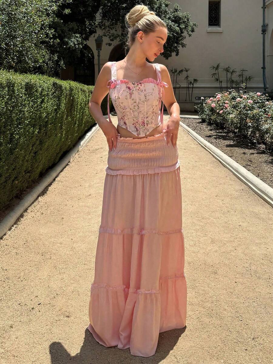 Glamine 褶皱腰拼接 A 字裙，休闲日常和节日穿着女士裙子生日女士休闲裙 - 粉色 - 查看 1