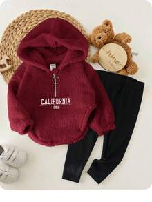 2pcs Baby Girl Cute Fleece Long Sleeve Letter Print Hoodie Sweatshirt And Knit Leggings Set, Autumn/Winter - Burgundy - View 1