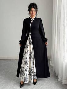 Elenzga 加大码中国风新款旗袍连衣裙，秋冬款，龙口扣，中国结，水墨印花