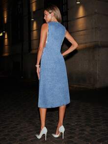 Selenza 女士水钻装饰深V无袖性感时尚牛仔连衣裙 - 藍色 - 查看 2