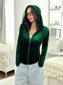 SHEIN EZwear Women's Olive Green Front Zipper Long Sleeve Casual Velvet Slim Fit Hooded Jacket, Christmas - Dark Green - View 4