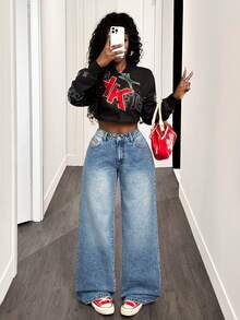 BamGleam Quần Jeans Ống Loe Ôm Dáng Cho Nữ, Họa Tiết Graffiti, Quần Thường Ngày Thời Trang - Màu xanh lam - Xem 6