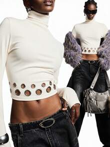 LYSMO 2025新款极简秋冬女式修身高领短款长袖上衣，饰有醒目的金属孔眼下摆，前卫都市酷炫风格，吸睛单品，显瘦显瘦，派对吸睛，性感女孩必备，前卫设计，引领时尚潮流，杏色上衣 - 杏色 - 查看 3