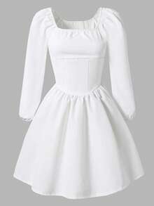 Váy vải dệt kiểu công chúa Pháp thanh lịch dành cho bé gái tuổi teen, dáng ôm vừa vặn với tay nghề xếp ly đặc biệt ở lưng, thoải mái cho mùa xuân, mùa hè, mùa thu, thích hợp mặc hàng ngày, đi làm, đi chơi, tiệc tùng, đám cưới - trắng - Xem 5