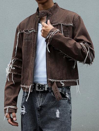 Manfinity EMRG Men's Casual Fashion Street Stand Collar Distressed Fringe Zip-Up Denim Jacket, Spring/Autumn