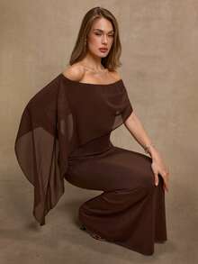 SHEIN BAE Elegant Women's Off Shoulder Maxi Dress With Draped Sleeve For Evening Parties And Events,New Year Dress Off Shoulder Brown Dress