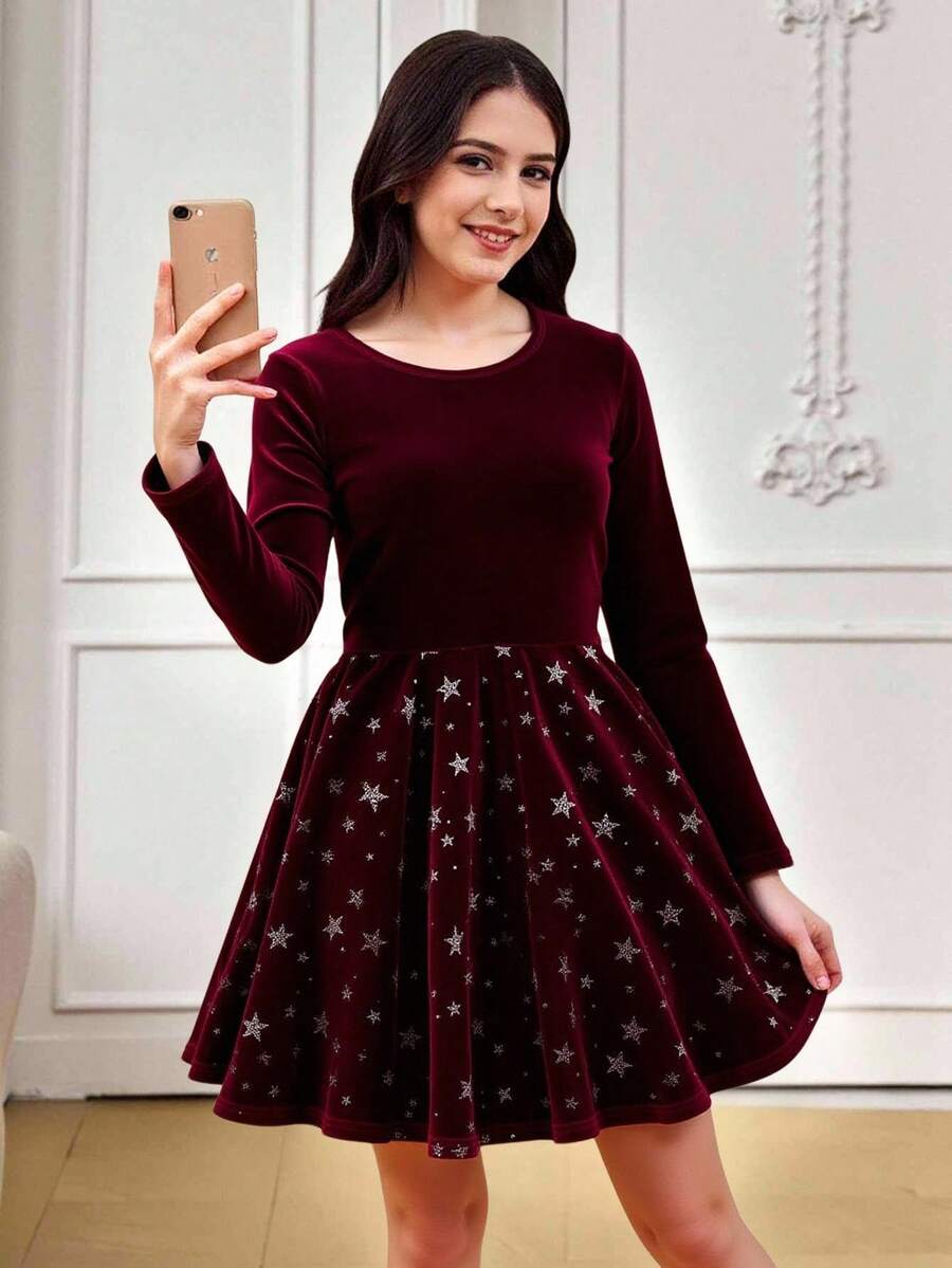 SHEIN Robe longue à manches longues rouge élégante en velours patchwork étoile en forme de ligne A pour adolescentes - Rouge - Voir 1
