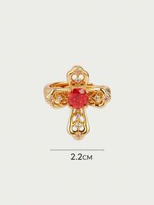 Glisma 18K金戒指，服饰，哥特风，复古，十字架，粉色，秋冬，送给妈妈/女士/女孩/母亲，复古，水晶，宝石 - 金色 - 查看 6