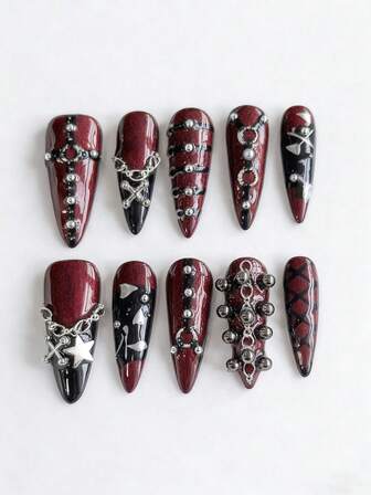 Goth 10 piezas de uñas postizas de ojo de gato estilo punk hechas a mano + 3 piezas de cinta adhesiva de doble cara para manicura, manicura pintada a mano de alta calidad, removible y reutilizable, con acabado oscuro y brillante de la Y2K, forma de almendra larga y color contrastante hidratante, adecuado para fiestas diarias en todas las estaciones