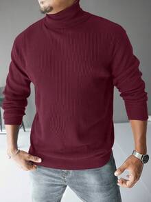 Manfinity Homme Plus Size Men's Solid Color Casual Turtleneck Sweater, Autumn/Winter Men Turtleneck Shirts, Long Sleeve Top - Burgundy - View 5