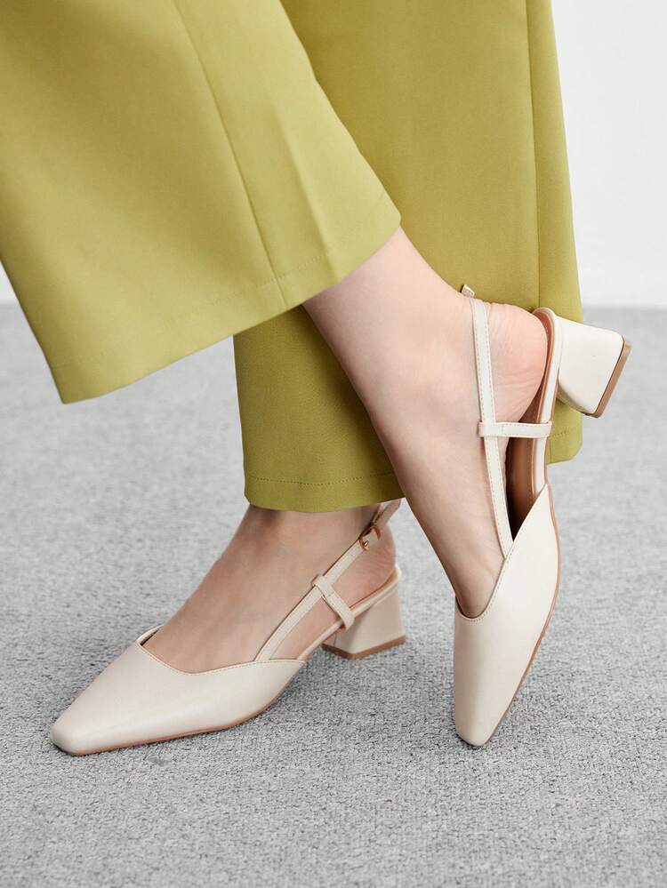 CUCCOO BIZCHIC Pointed Toe Chunky Heel Beige Backstrap Fashion Minimalist Women's High Heel Pumps, Elegant For Daily Commute, Work And Office Outfit
