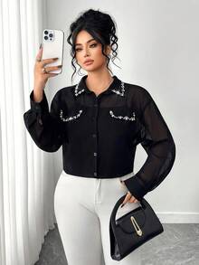 Elenzga Áo sơ mi voan dài tay thanh lịch dành cho nữ cỡ lớn mùa xuân/thu, đính hạt, túi giả và cổ bẻ, màu đen - màu đen - Xem 4