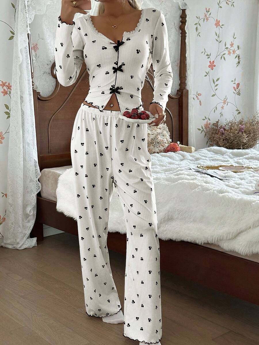 CottageSlumber Women's Romantic Lace Fitted V-Neck Cherry Print Top & Pants Pajama Set, Fall & Winter Clothes - Multicolor - View 1