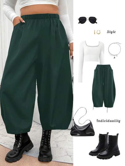 Elenzga Plus Size Women's Solid Color Wide Leg Harem Pants, New Vintage Loose Dad Jeans Lantern Pants