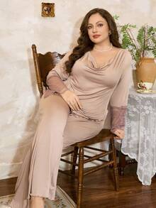 Côtesoire Ensemble de vêtements de nuit grande taille pour femmes avec empiècement en dentelle, col drapé. Ensemble pyjama grande taille, ensemble loungewear grande taille, vêtements de nuit grande taille, ensemble pyjama grande taille, vêtements d'hiver - Kaki - Voir 3