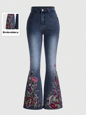 Hippie Jeans évasés à fleurs brodées pour femmes