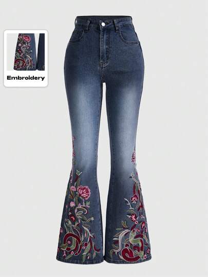 Hippie Damen Jeans mit floraler Stickerei und ausgestelltem Bein