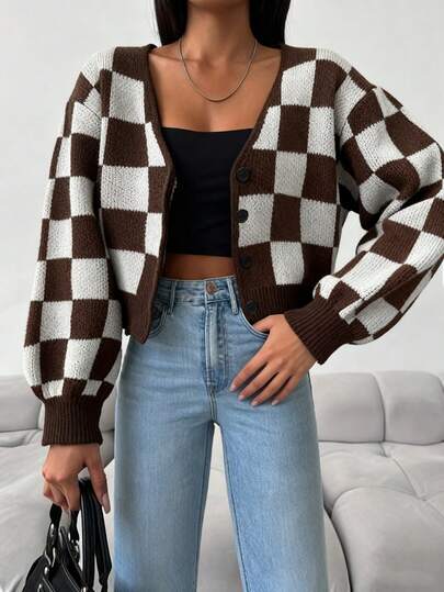 Rafferiza Women's Winter Business Casual Commuter Sweater Cardigan, Brown Plaid Jacquard Long-Sleeved Lantern Sleeve Knitted Top, Elegant Women's Top, Autumn And Winter Women's, Outerwear, Women's Autumn, Autumn, Women's Autumn, New Year's, New Year Women's, Thanksgiving Women's, Party, Wedding, Elegant Casual, Luxury, Christmas, New Year's Party, Prom, Role-Playing